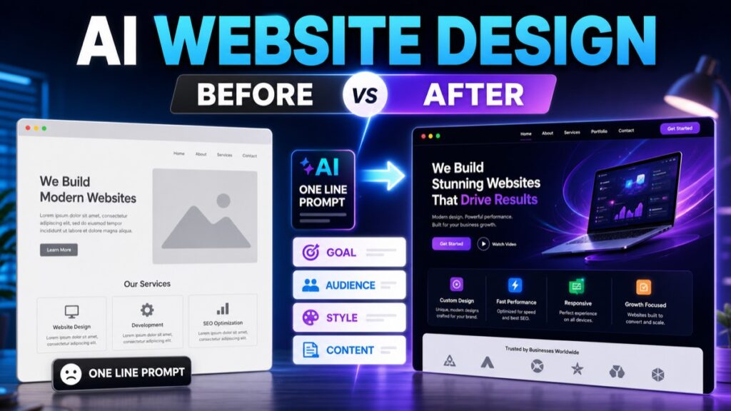 AI website design before and after showing generic one-line prompt versus a clear website design prompt