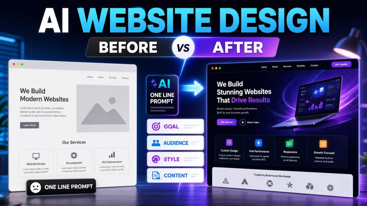 AI website design before and after showing generic one-line prompt versus a clear website design prompt