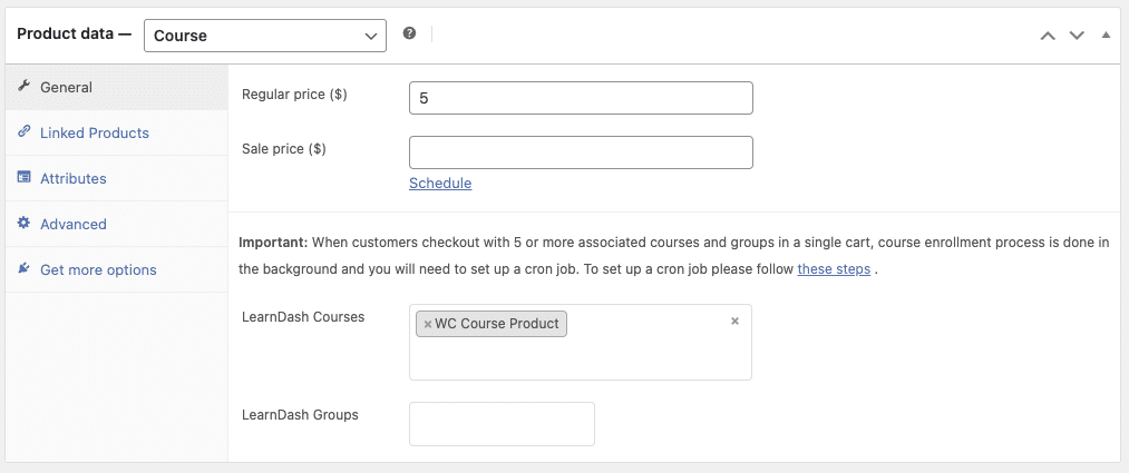 WooCommerce product settings with LearnDash course and group selection fields